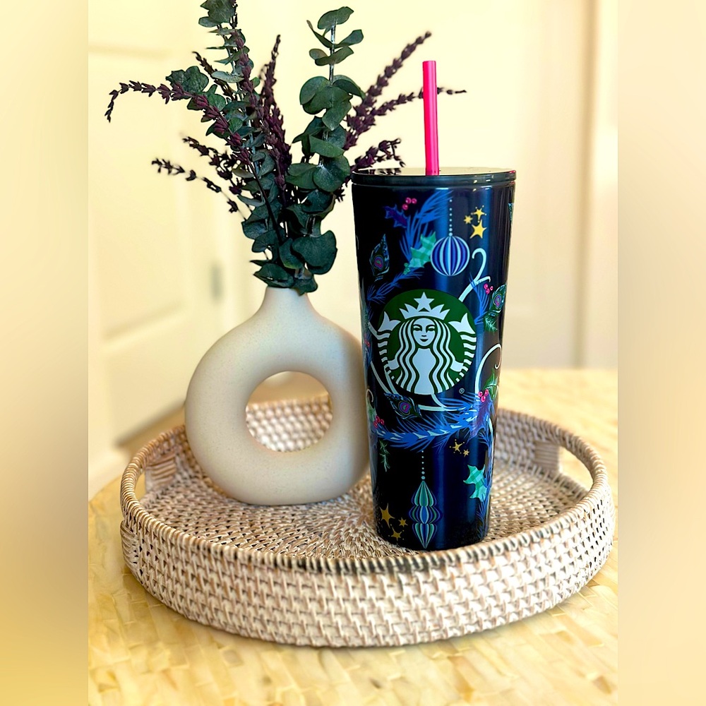 NWT Metal Starbucks 24oz Blue Multi Tumbler with Pink Straw